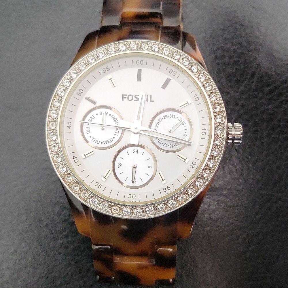 Women's FOSSIL Watch Rhinestone Tortoise Shell Band Model #112800 - Picture 1 of 4